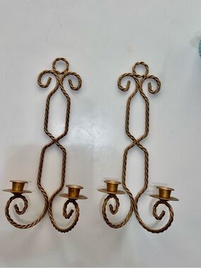 Vintage Twisted Metal Double Wall Sconces in Gold brass